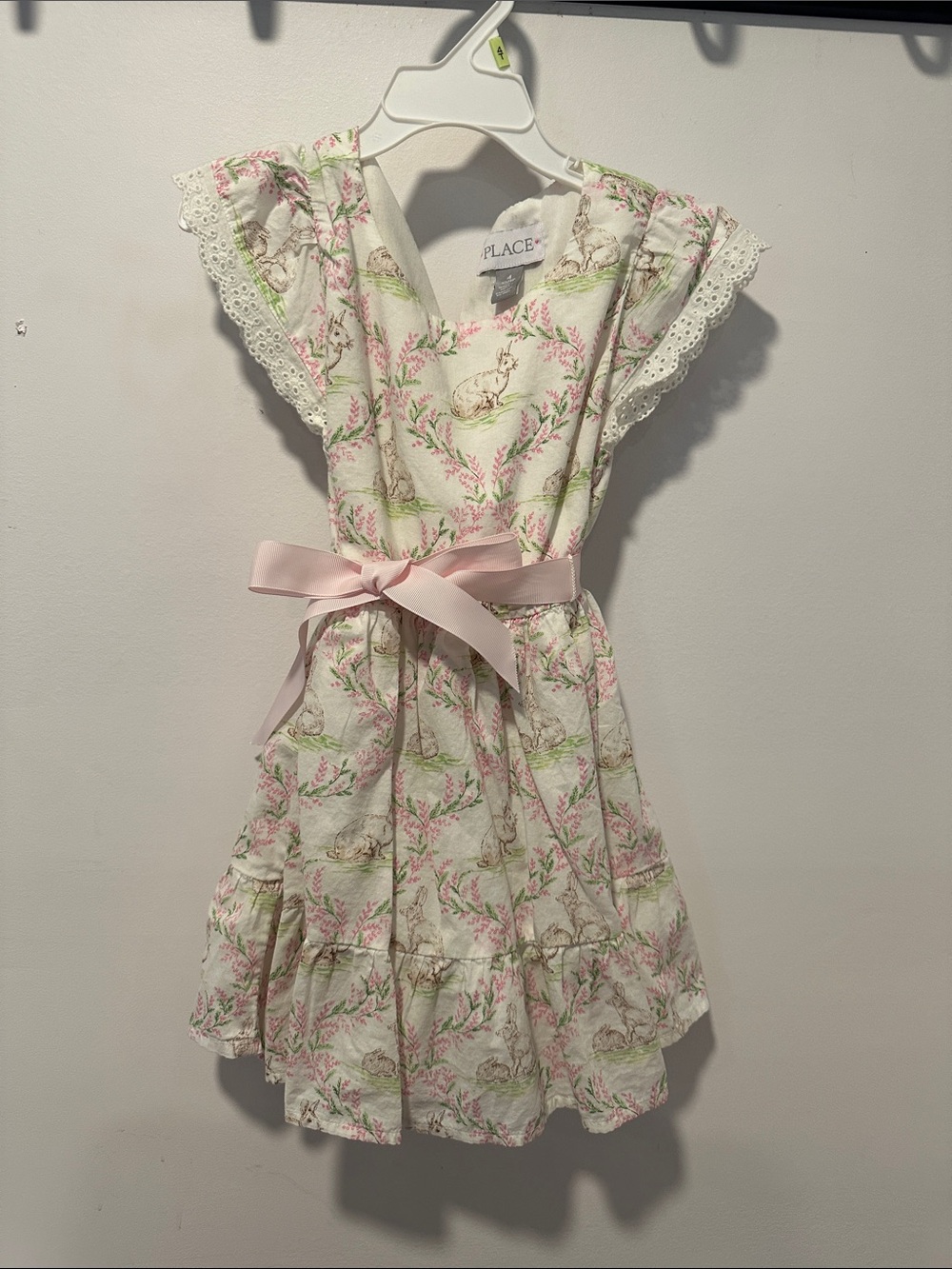 The Children's Place Cream Floral Bunny Dress with Pink Ribbon